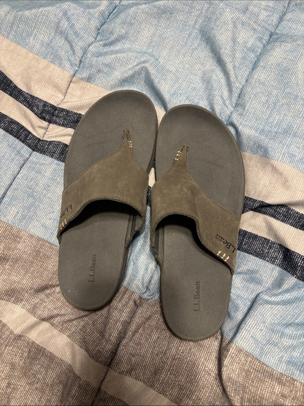 L.L. Bean Olive Gray Suede Toe-Post Sandals